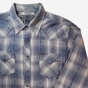 Southern Thread Mens XL Western Snap Shirt Blue Plaid Long Sleeve Pearl Snap